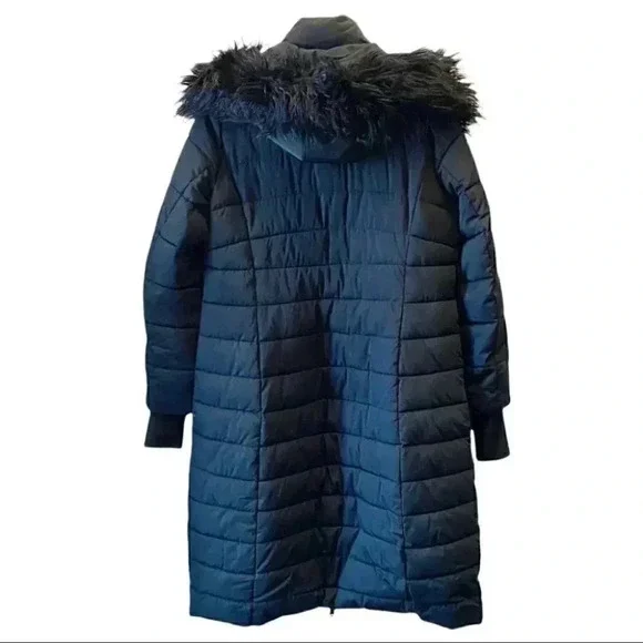 Bebe Long Quilted Winter Puffer Coat Faux Fur Trim Hood Black Size Large - Picture 2 of 16